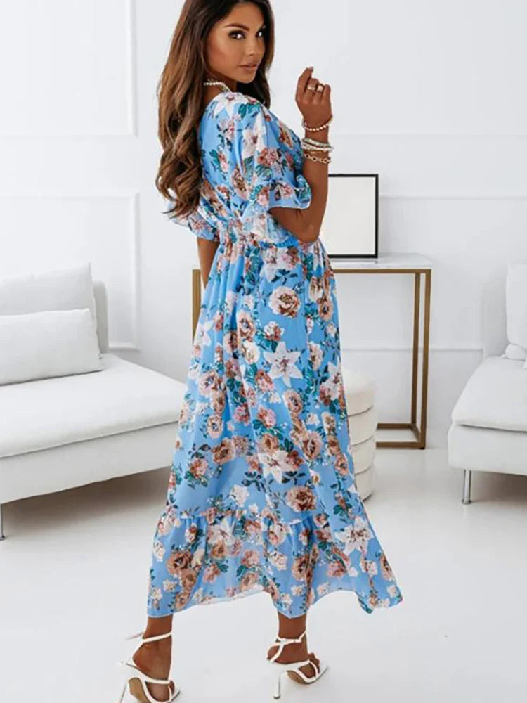 Chiffon Floral Deep V Hem Beach Midi Dress