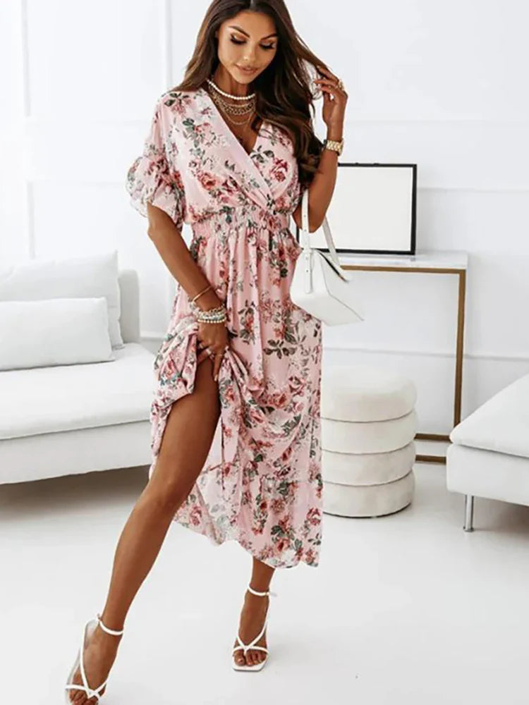 Chiffon Floral Deep V Hem Beach Midi Dress