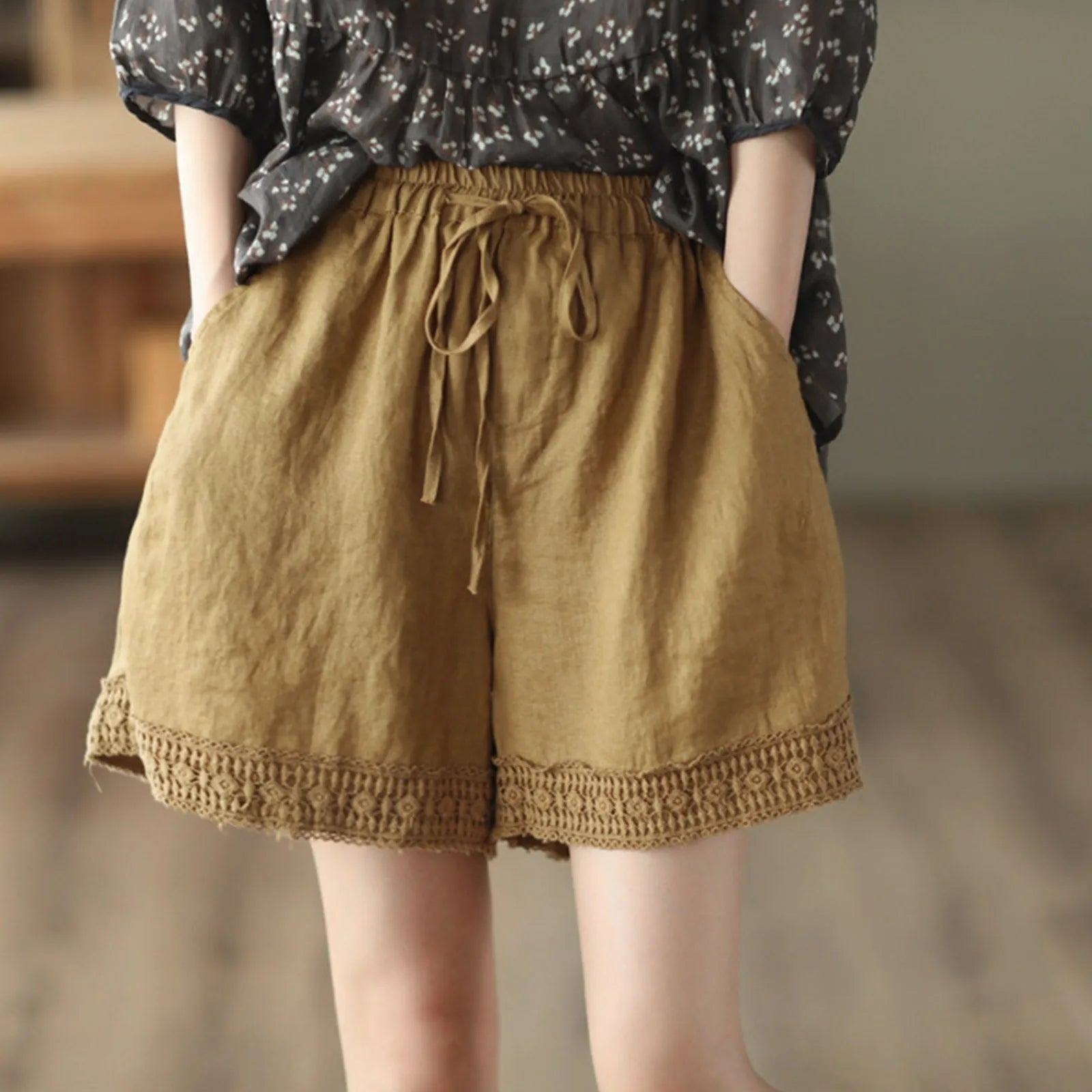 Lace Hook Cotton Hollow Literary Retro Short