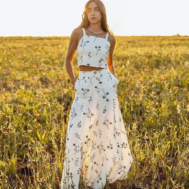 Floral Embroidered Crop Top Boho Maxi Dress