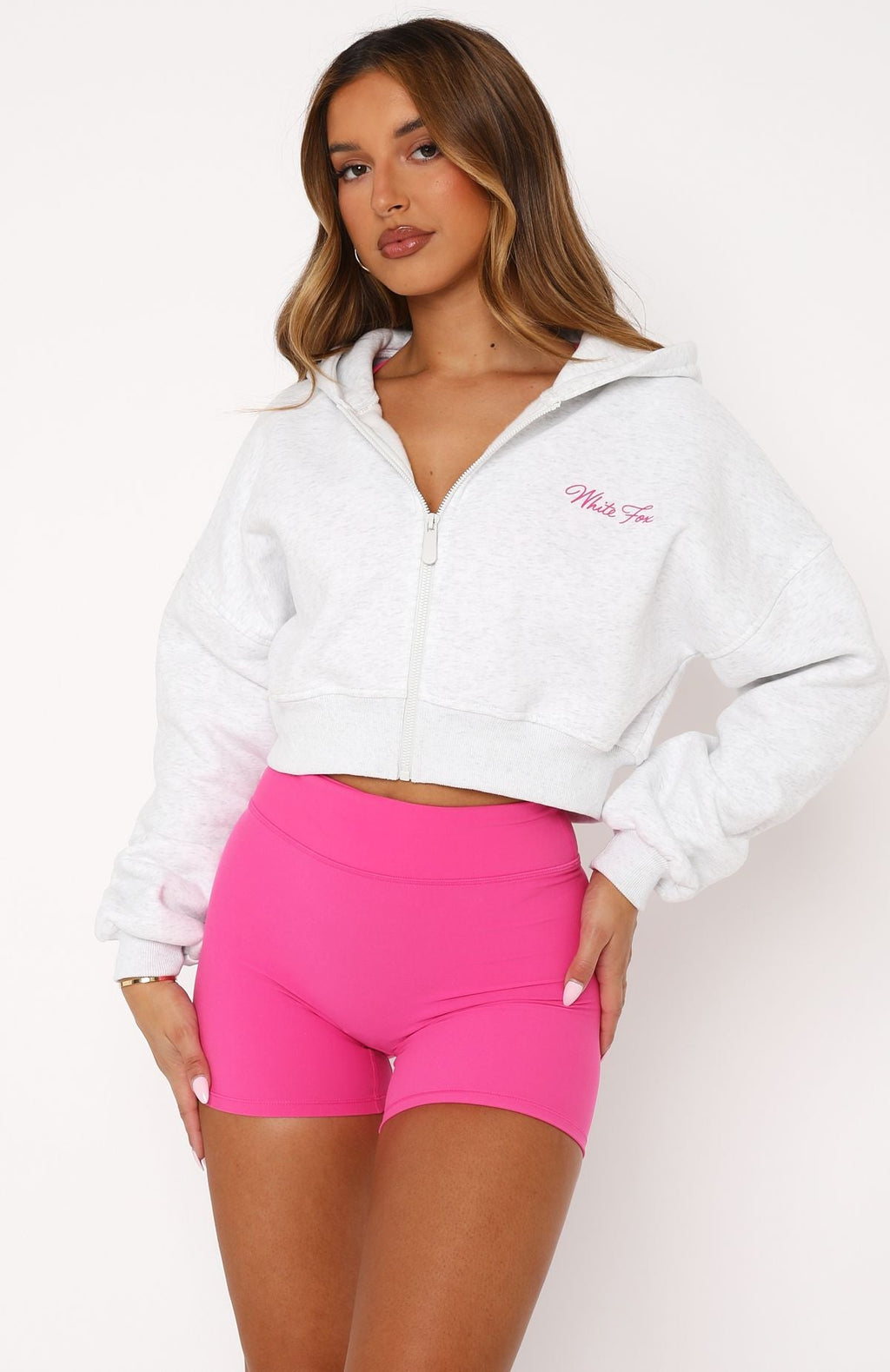 Stepping Out Cropped Grey-Pink Hoodie
