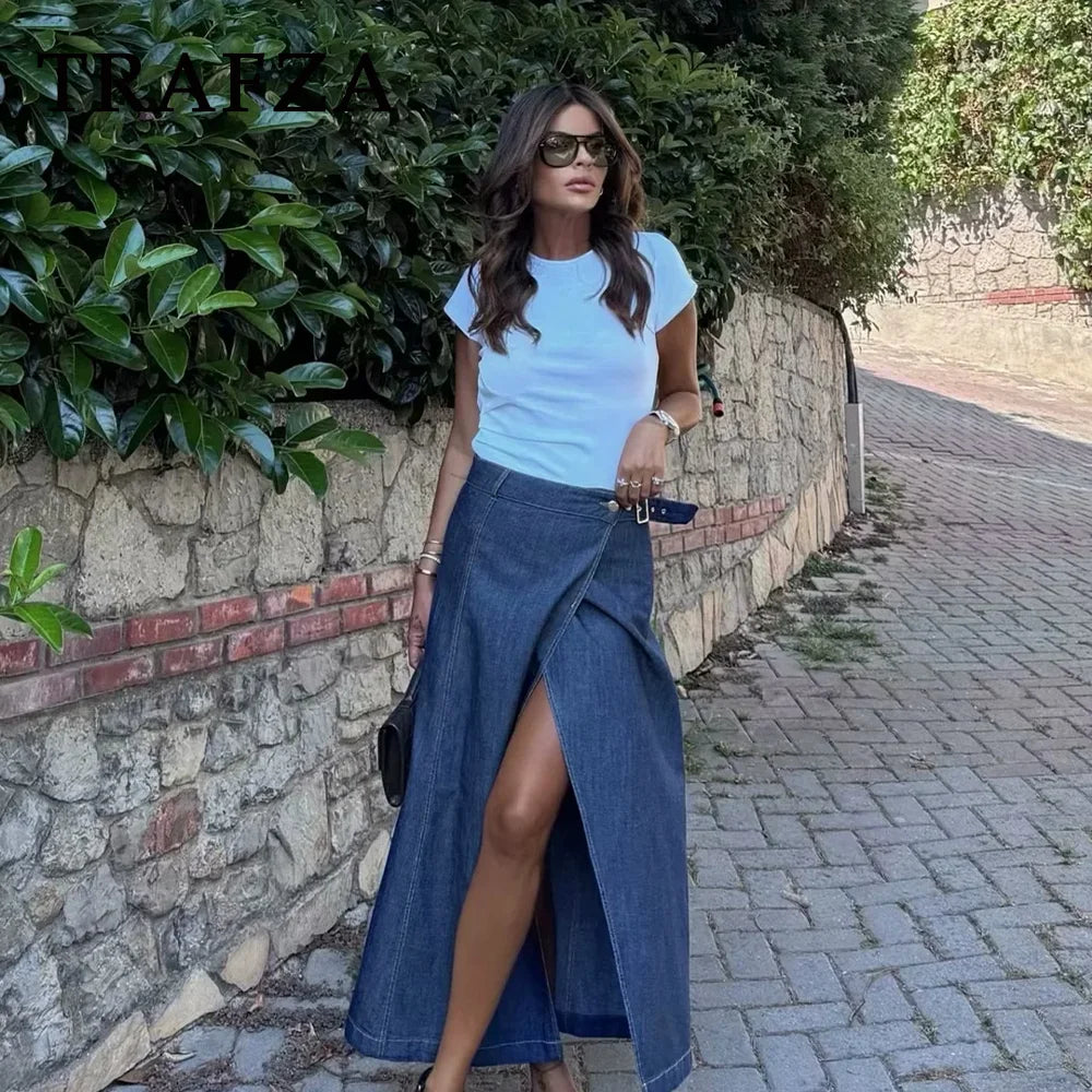Vintage Loose Denim Long Skirt with Sashes