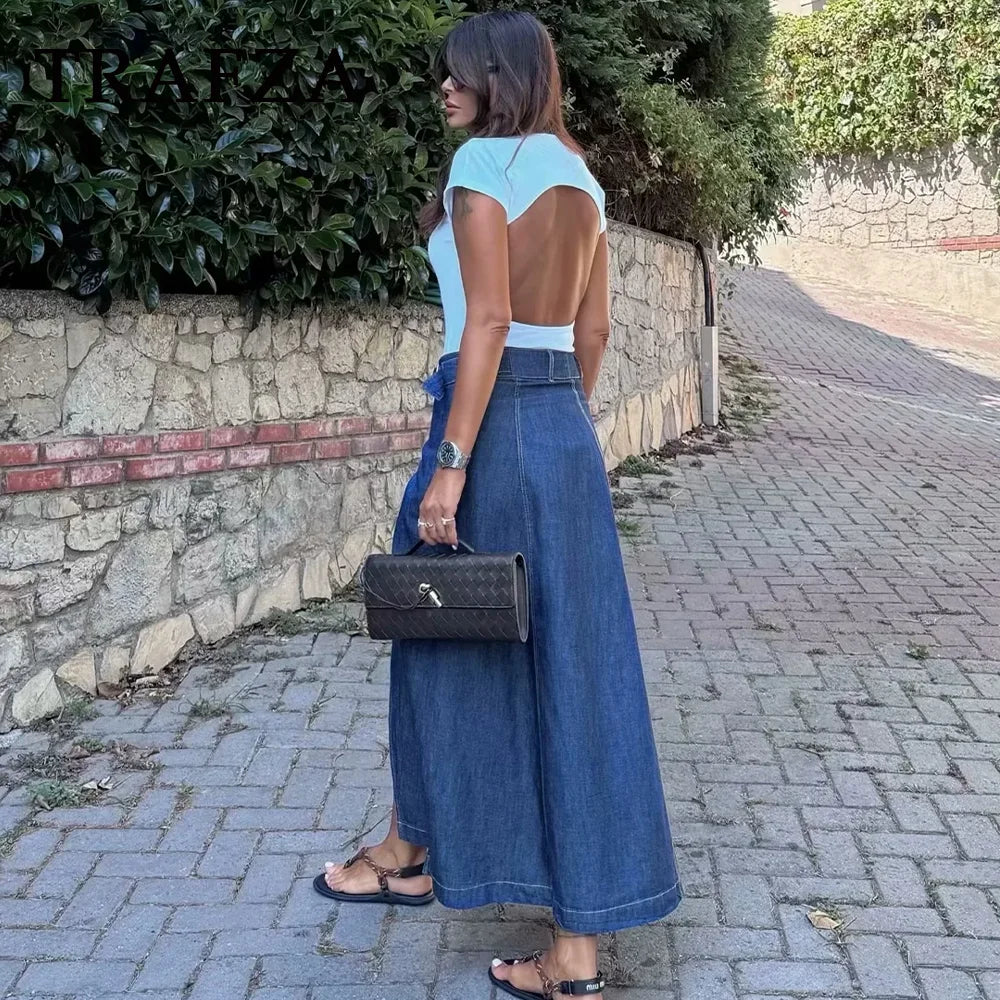 Vintage Loose Denim Long Skirt with Sashes