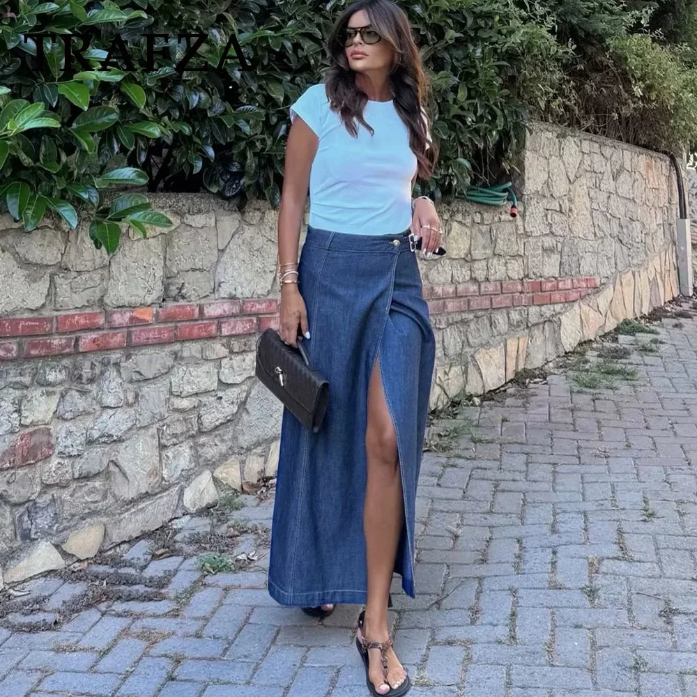 Vintage Loose Denim Long Skirt with Sashes