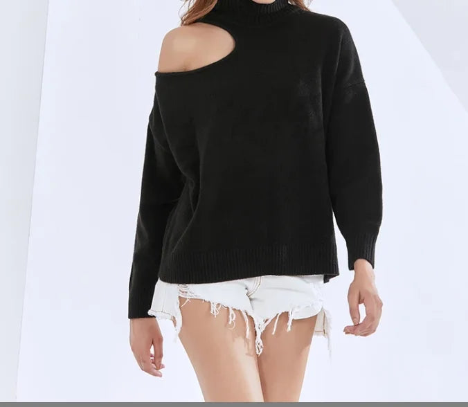 Hollow Out Solid Turtleneck Sweater