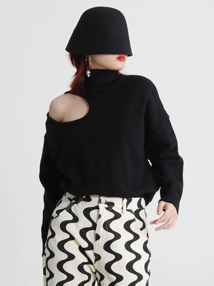 Hollow Out Solid Turtleneck Sweater