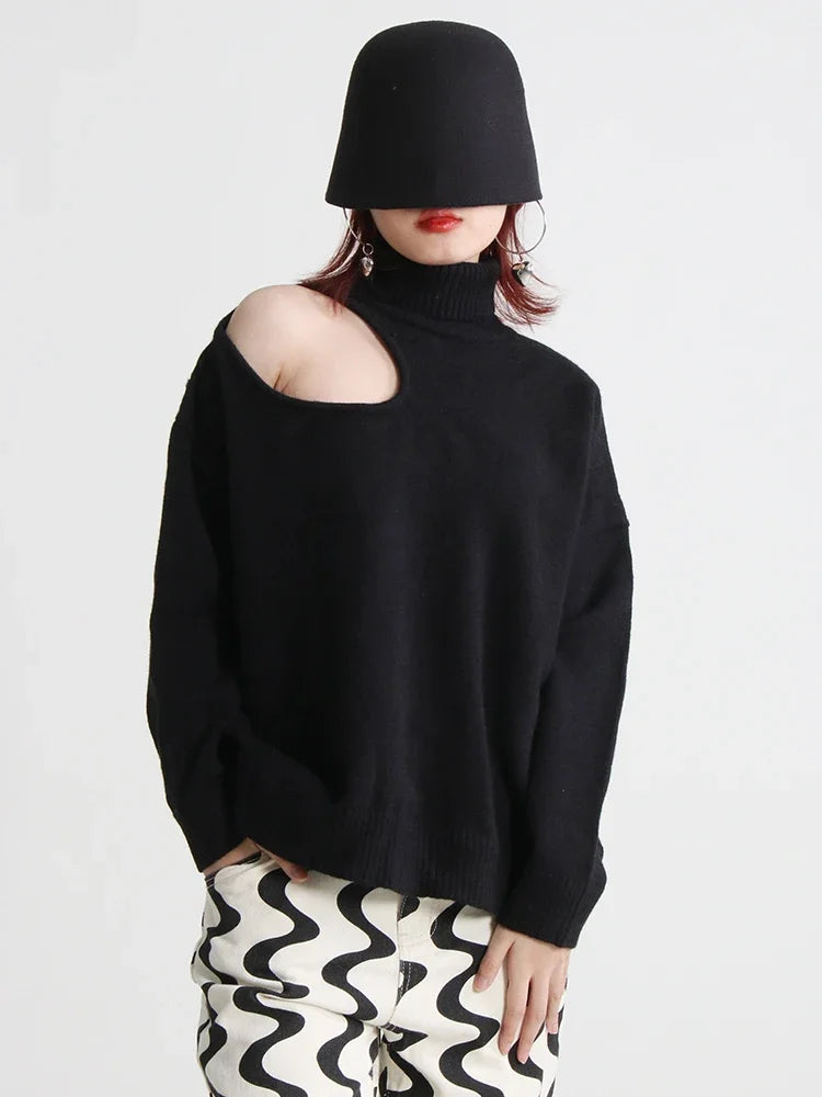 Hollow Out Solid Turtleneck Sweater