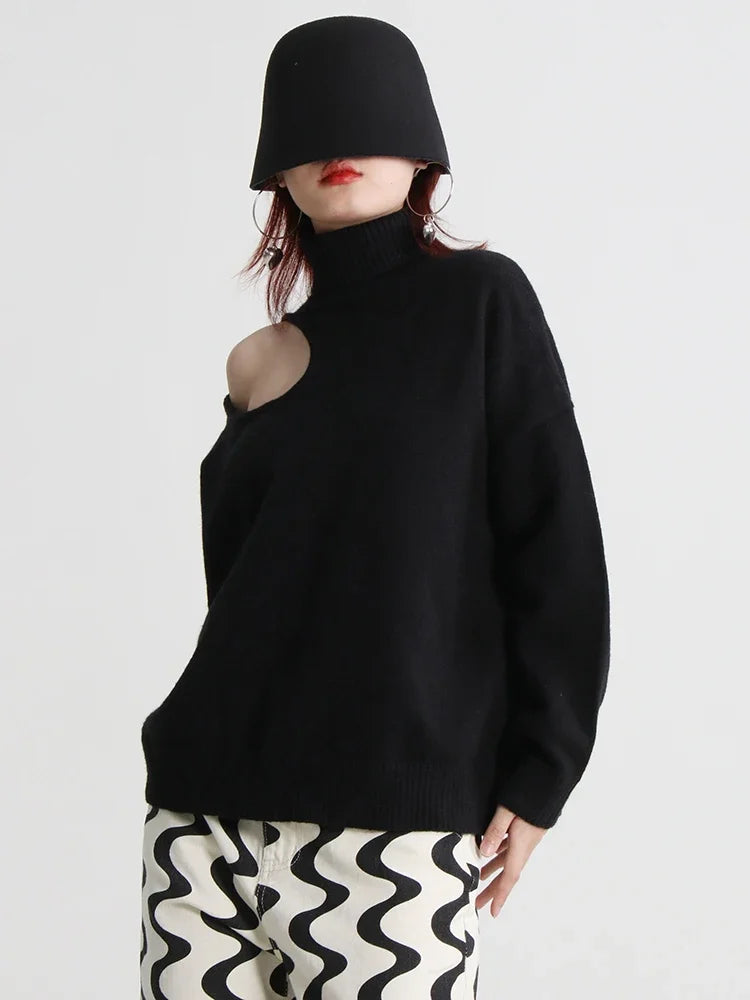 Hollow Out Solid Turtleneck Sweater