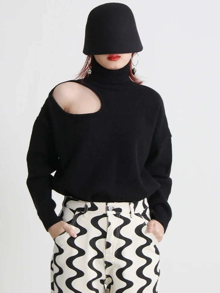 Hollow Out Solid Turtleneck Sweater
