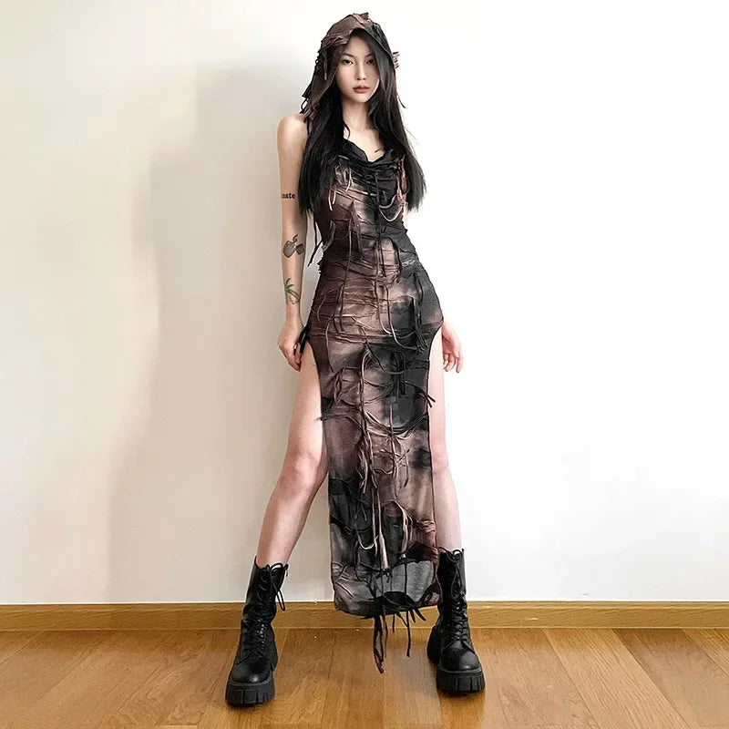 Vintage Gothic Tassel Hooded Midi Dress
