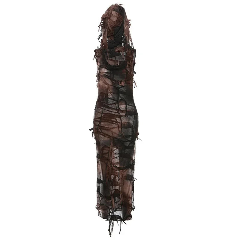 Vintage Gothic Tassel Hooded Midi Dress
