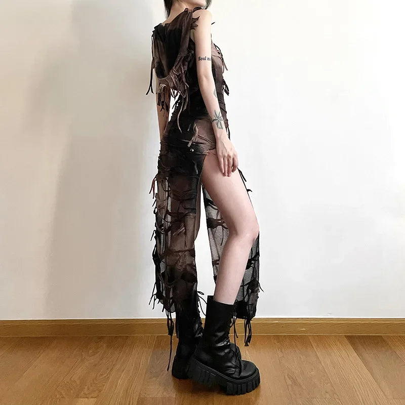 Vintage Gothic Tassel Hooded Midi Dress