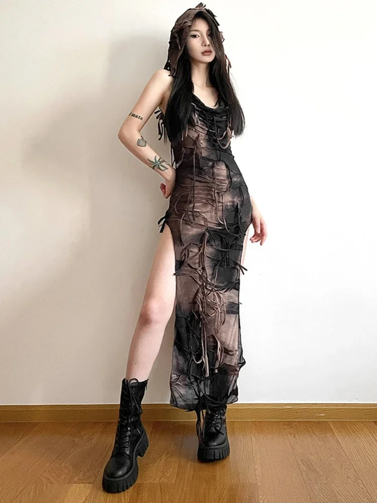 Vintage Gothic Tassel Hooded Midi Dress