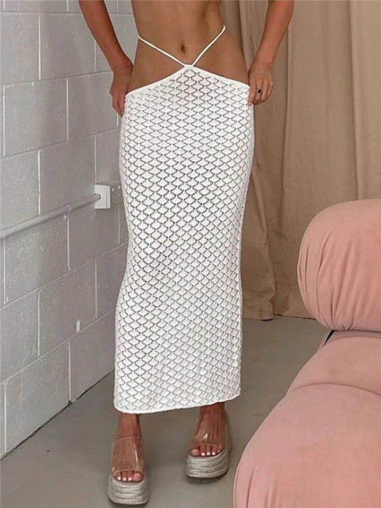 Beach See Through White Knitted Pencil Skirt