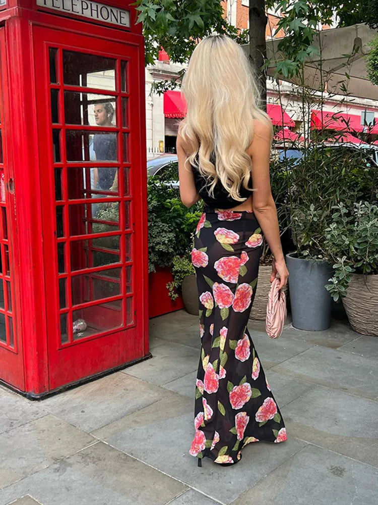 Contrast Mesh Patchwork Maxi Skirt