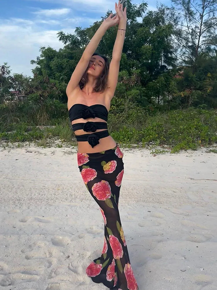 Contrast Mesh Patchwork Maxi Skirt