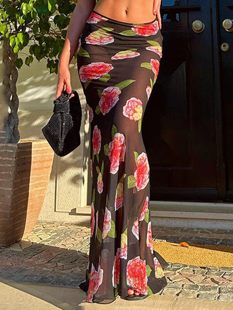 Contrast Mesh Patchwork Maxi Skirt