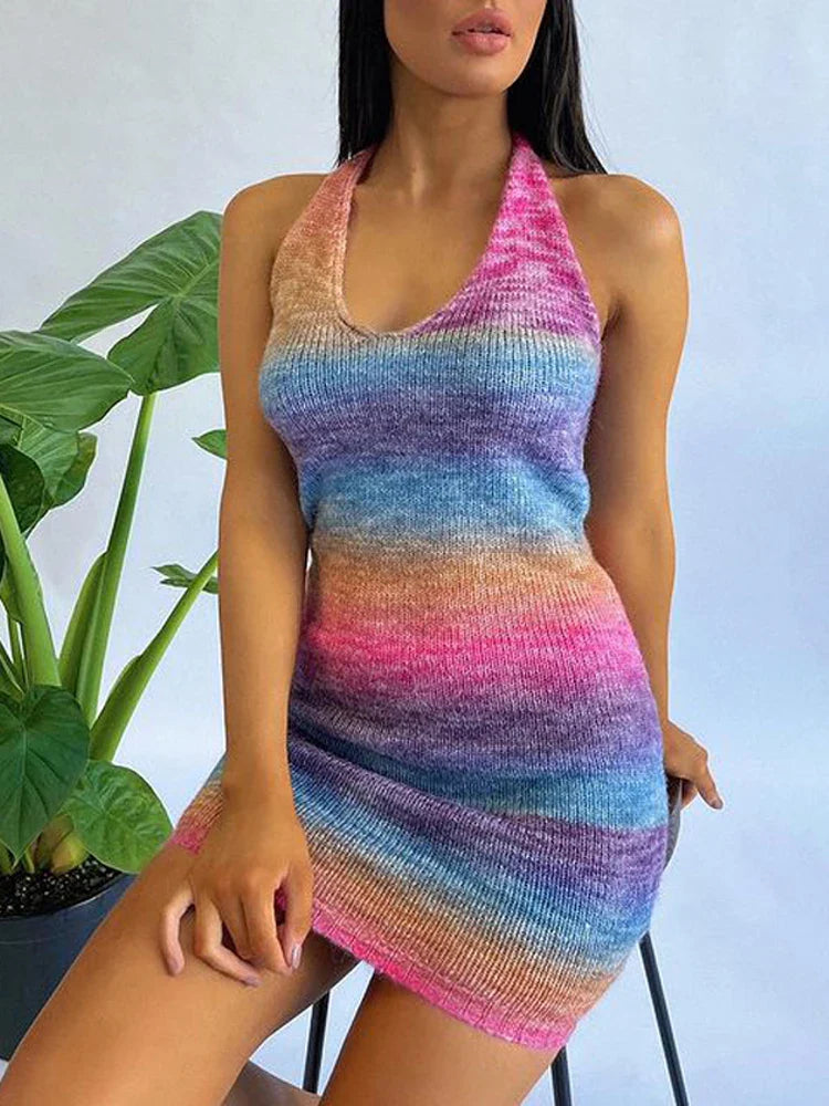 Knitted Spaghetti Strap Hollow Out Split Maxi Dress