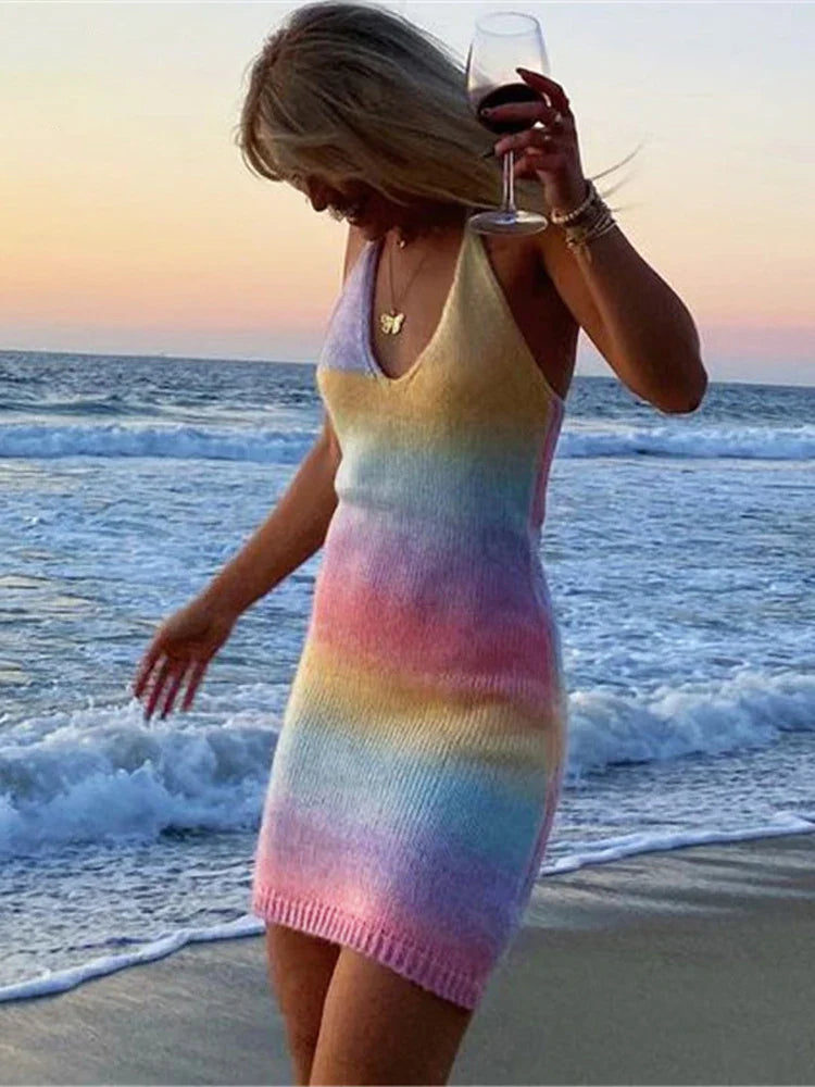 Knitted Spaghetti Strap Hollow Split Mini Dress