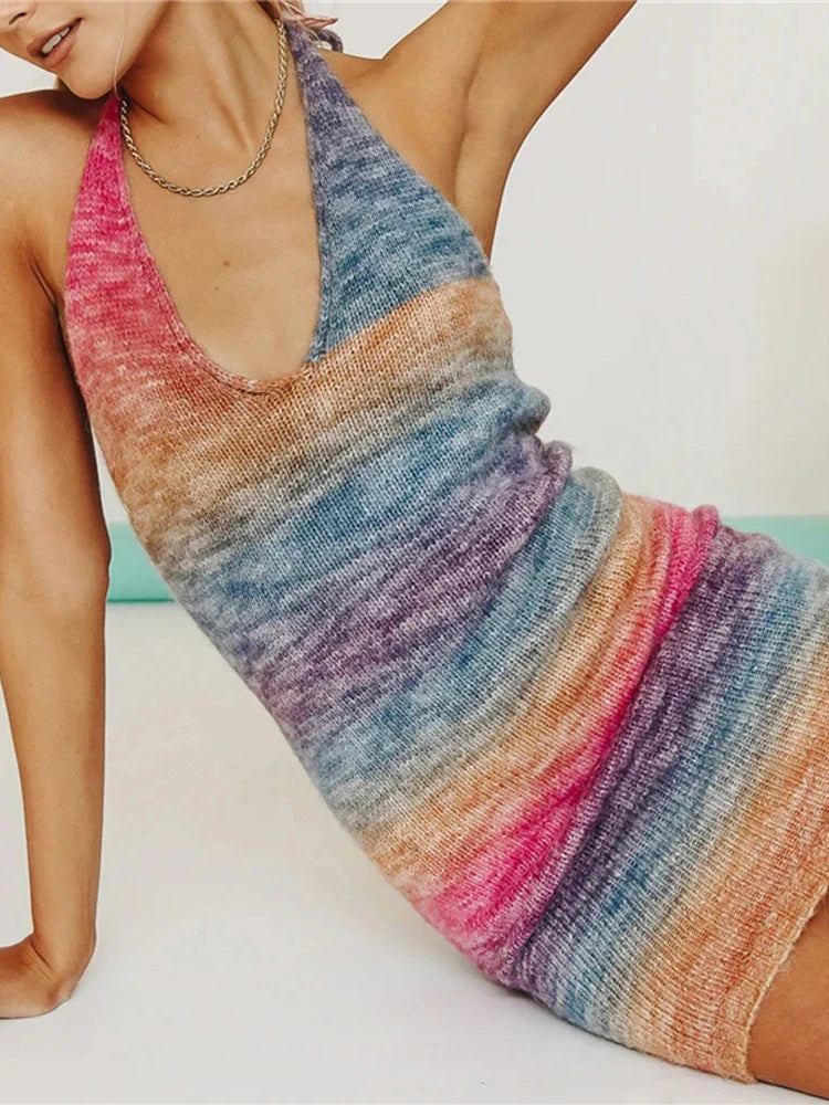 Knitted Spaghetti Strap Hollow Split Mini Dress