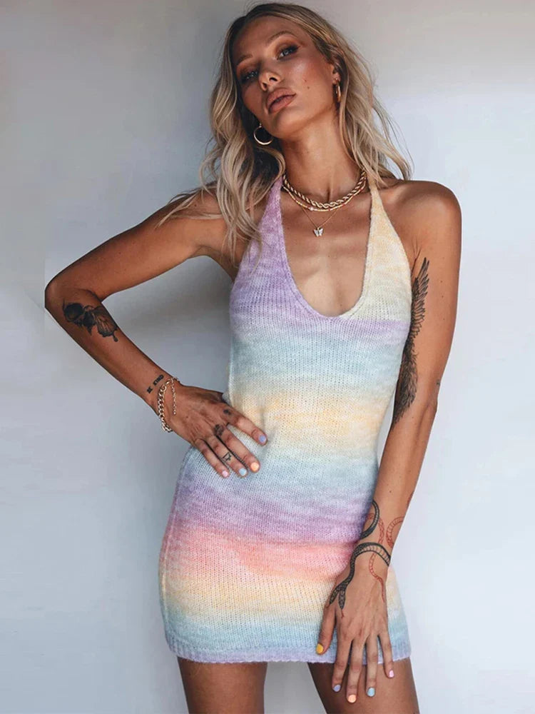 Knitted Spaghetti Strap Hollow Split Mini Dress