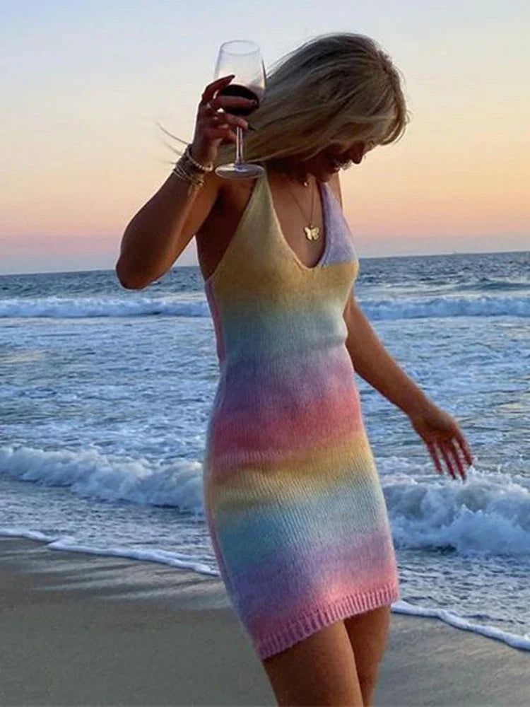 Knitted Spaghetti Strap Hollow Out Split Maxi Dress