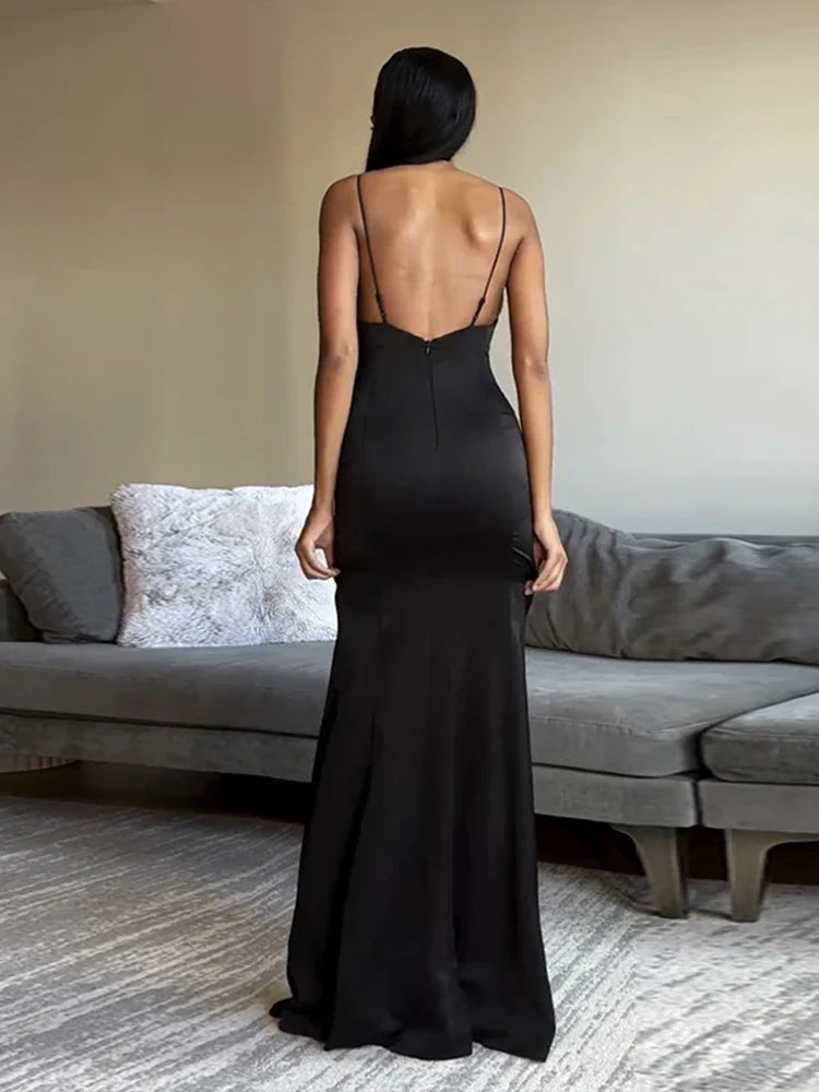 Bow Split Spaghetti Strap Backless Maxi Dress