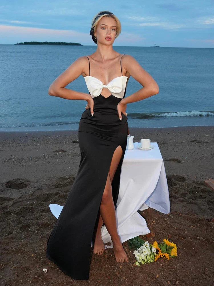 Bow Split Spaghetti Strap Backless Maxi Dress