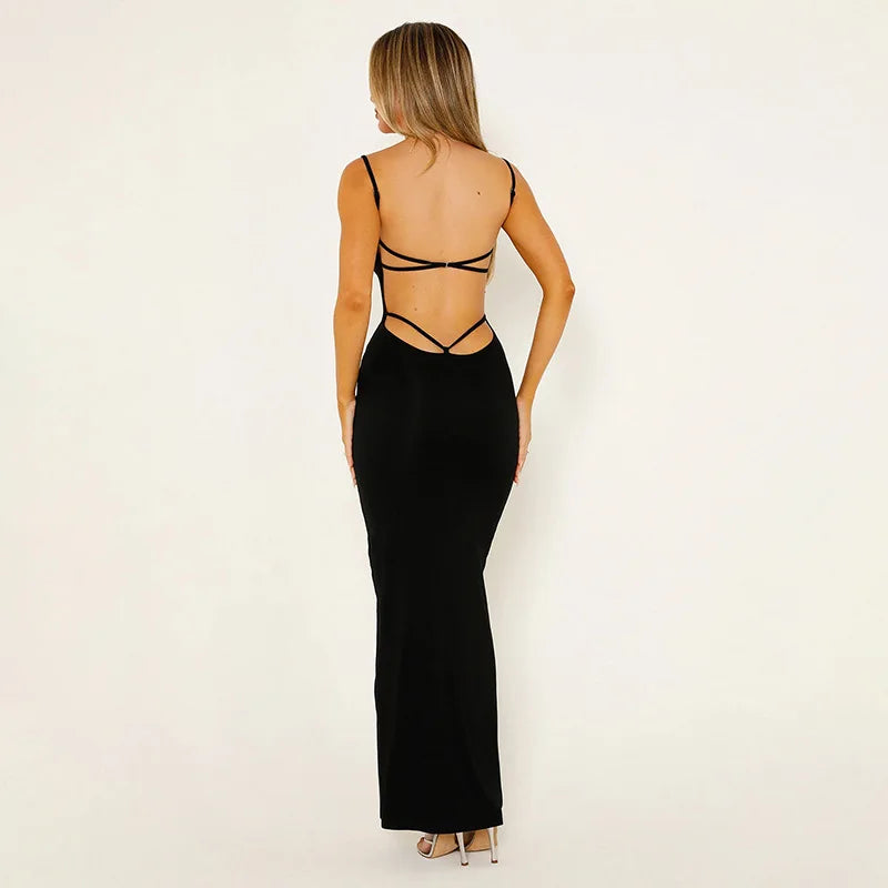 Elastic U-Neck Lace Up Off-Back Wrap Maxi Dress
