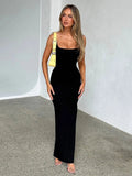 Elastic U-Neck Lace Up Off-Back Wrap Maxi Dress
