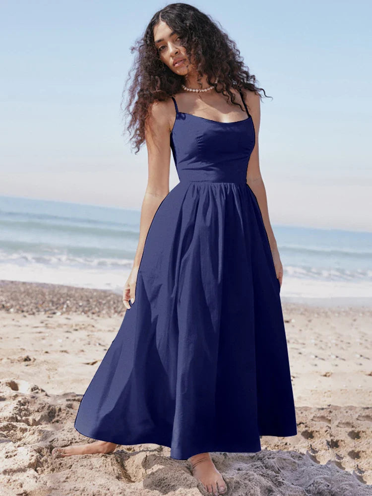 Backless A Line Spaghetti Strap Elegant Midi Dress