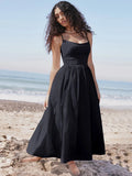 Backless A Line Spaghetti Strap Elegant Midi Dress