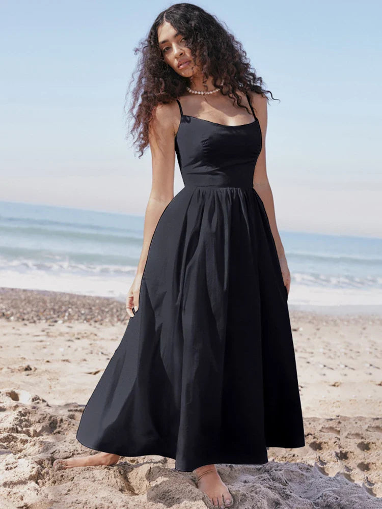 Backless A Line Spaghetti Strap Elegant Midi Dress