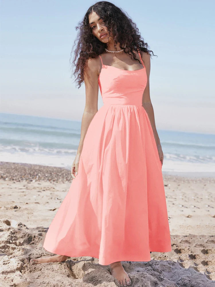 Backless A Line Spaghetti Strap Elegant Midi Dress