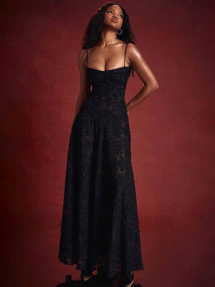 A-line Lace Spaghetti Strap Backless Summer Maxi Dress