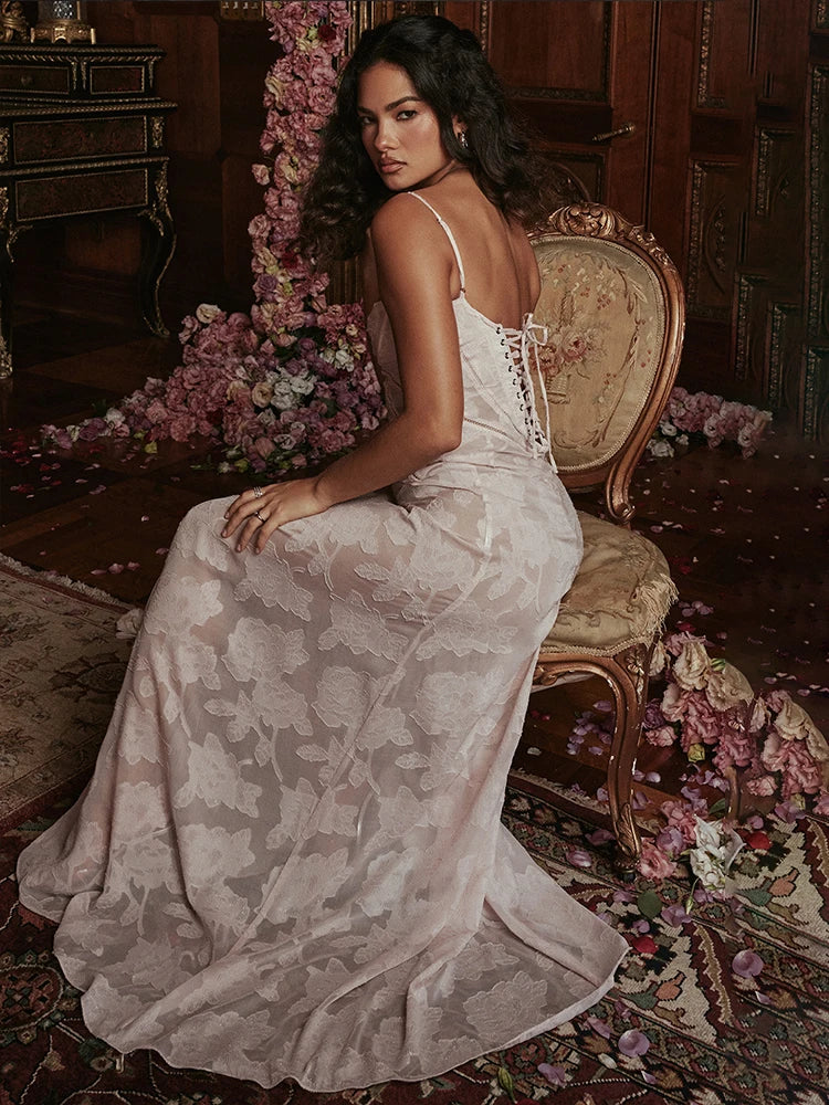 A-line Lace Spaghetti Strap Backless Summer Maxi Dress