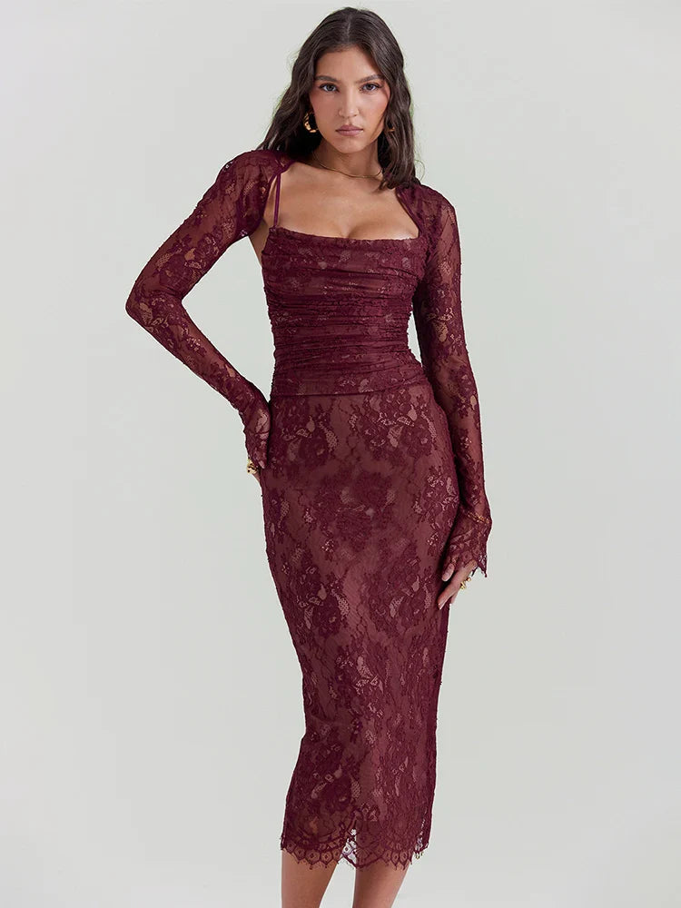 Lace Bandage Bodycon Nightclub Midi Dress