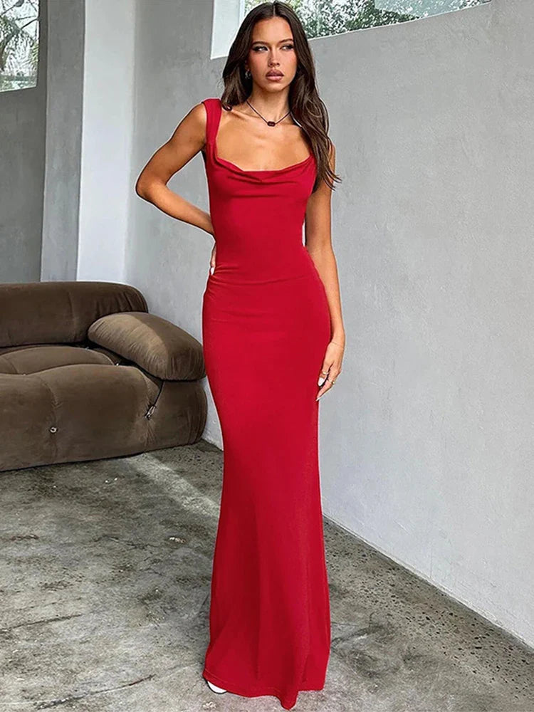 Bow Slim Bodycon Spaghetti Strap Backless Maxi Dress