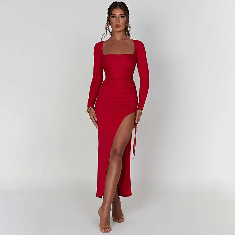 Drawstring Side High Split Slim Bodycon Autumn Maxi Dress