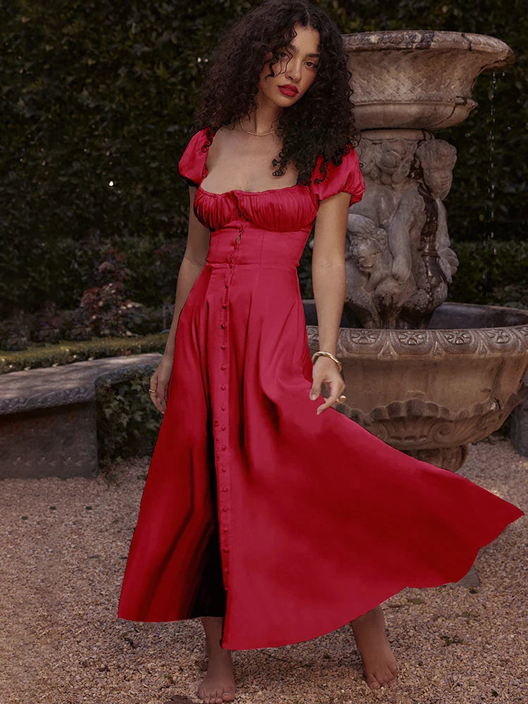 Short Sleeve Strapless Buttoned A Line Midi Dress