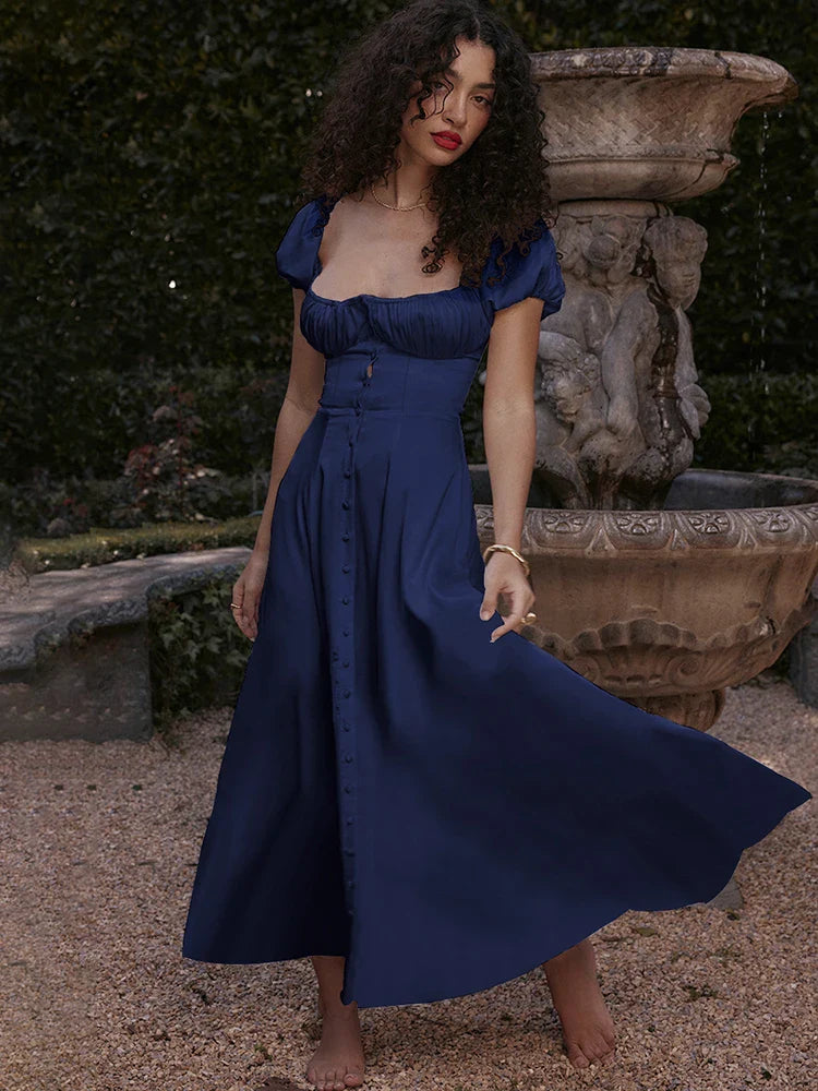 Short Sleeve Strapless Buttoned A Line Midi Dress