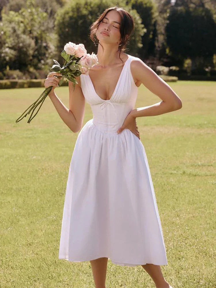 Deep V Backless A Line Summer Midi Dress