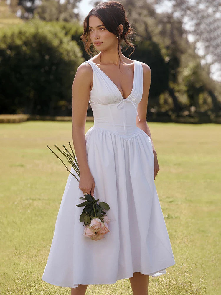 Deep V Backless A Line Summer Midi Dress