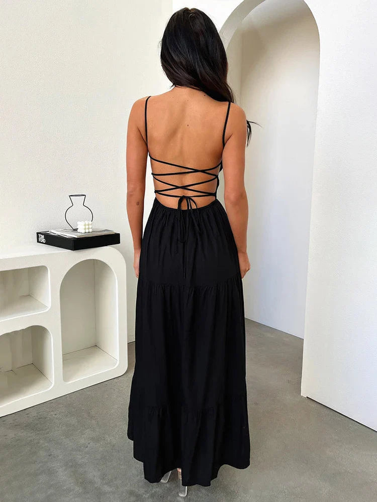 A-line Spaghetti Strap Backless Party Summer Maxi Dress