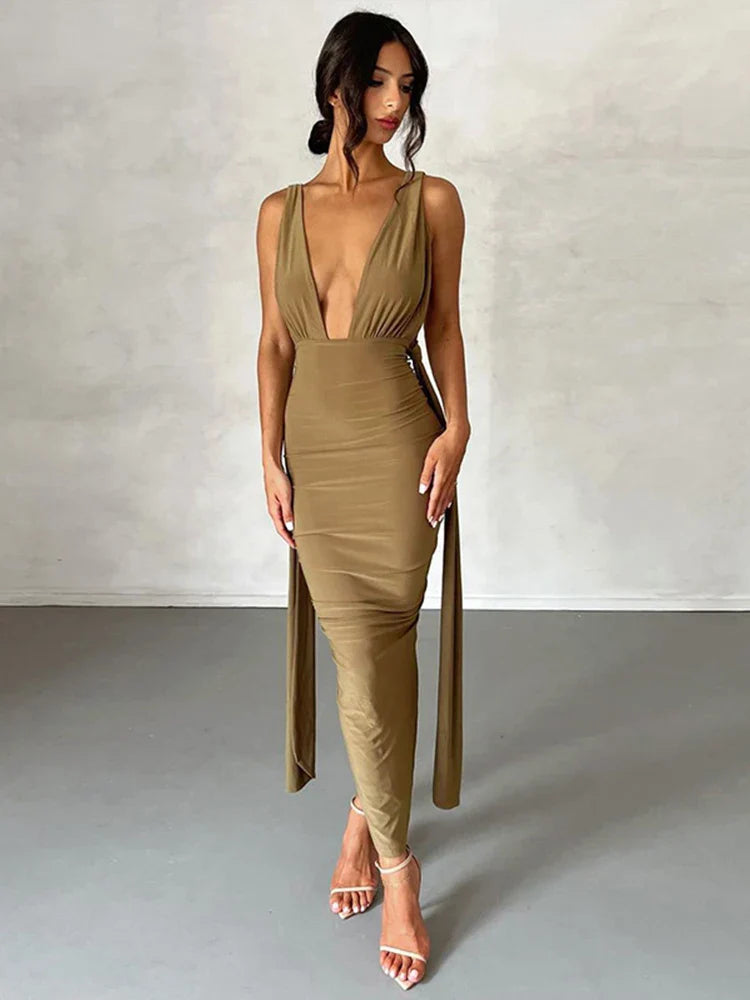 Deep V Neck Slim Bandage Bodycon Backless Nightclub Maxi Dress