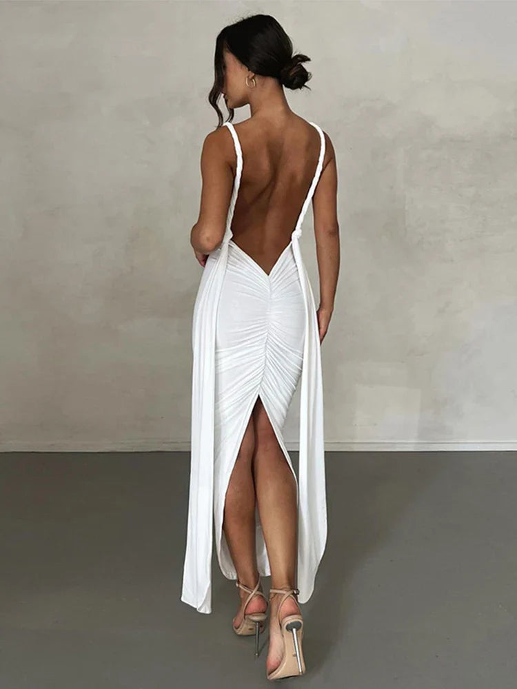Deep V Neck Slim Bandage Bodycon Backless Nightclub Maxi Dress