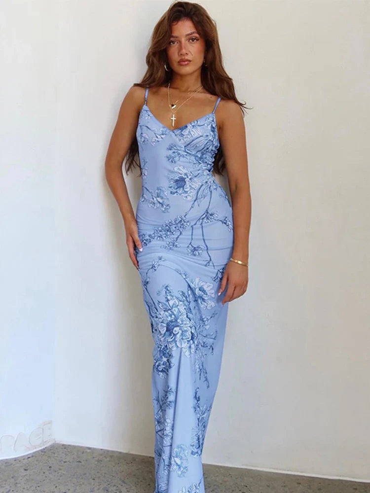 Spaghetti Strap Slim Bodycon Backless Nightclub Summer Maxi Dress