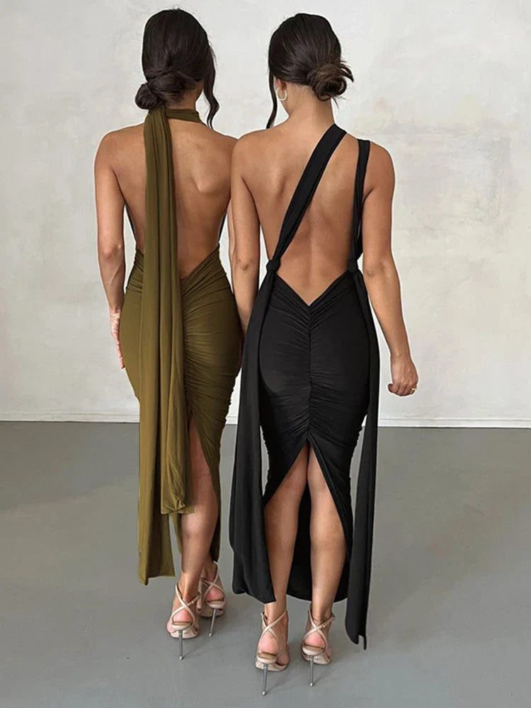 Deep V Bandage Backless Party Midi Dress