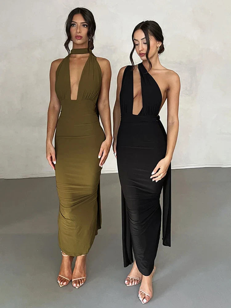 Deep V Bandage Backless Party Midi Dress