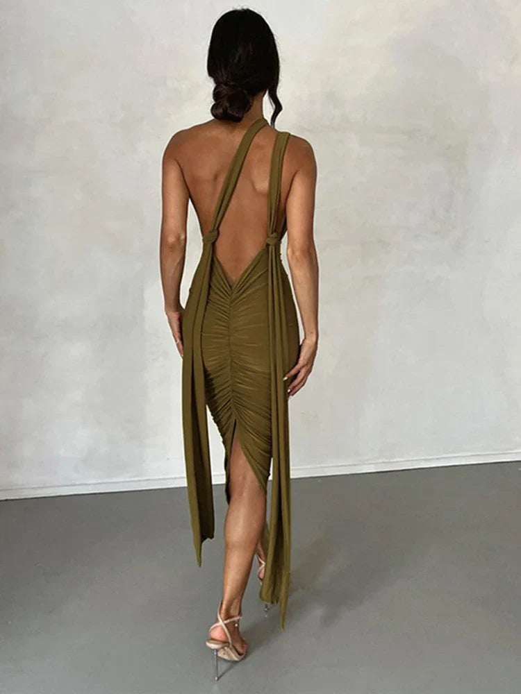 Deep V Bandage Backless Party Midi Dress